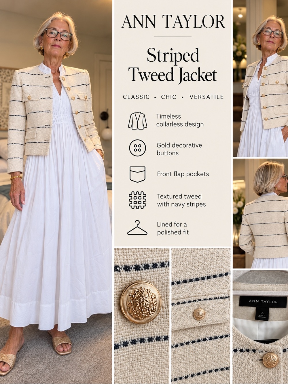 Ann Taylor Cream Jacket with Black Stripe Detail and Gold Buttons